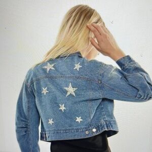 Blue Star Pattern Cropped Jean Jacket